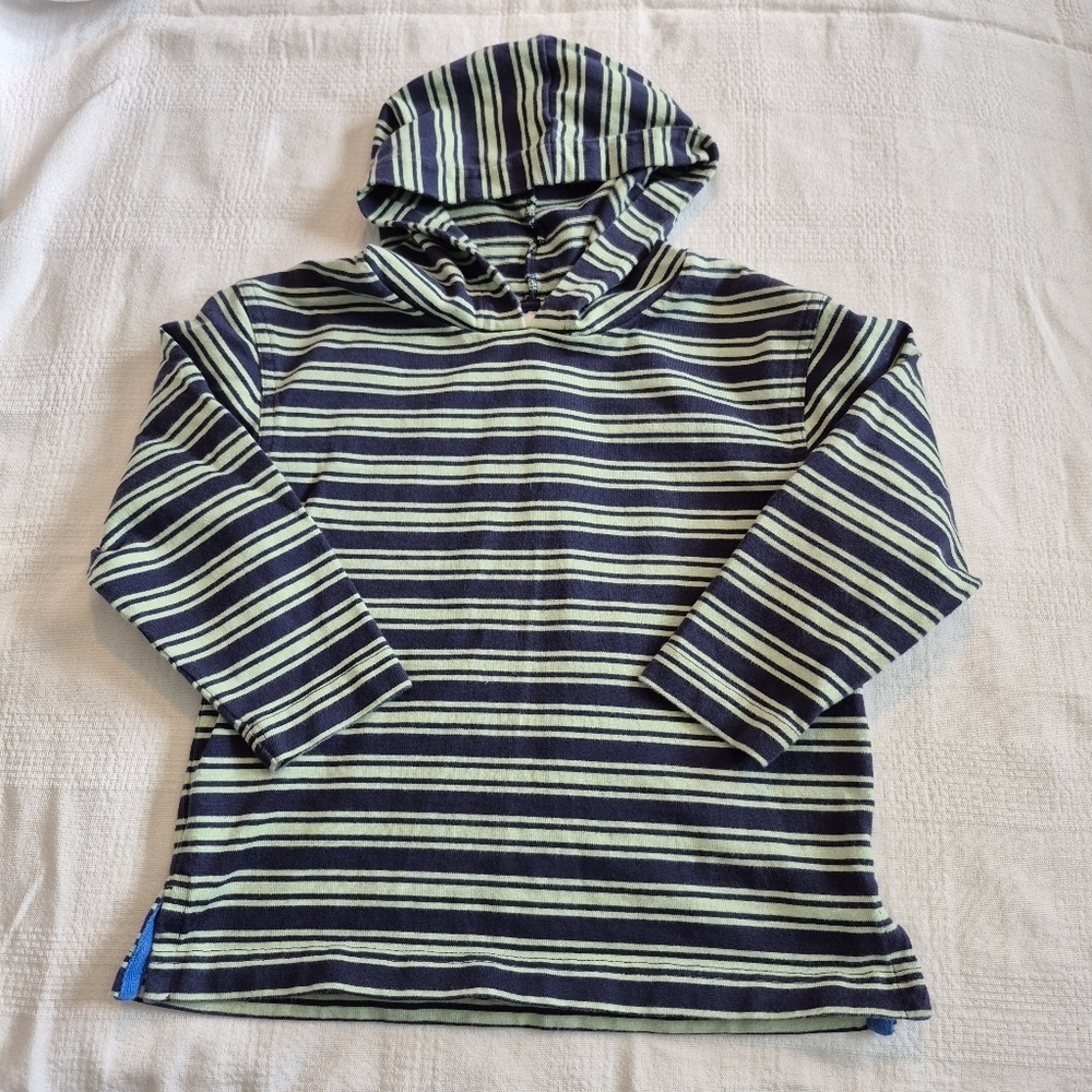 Hanna Andersson boys size 110 or 5 blue & green striped hooded shirt VGUC